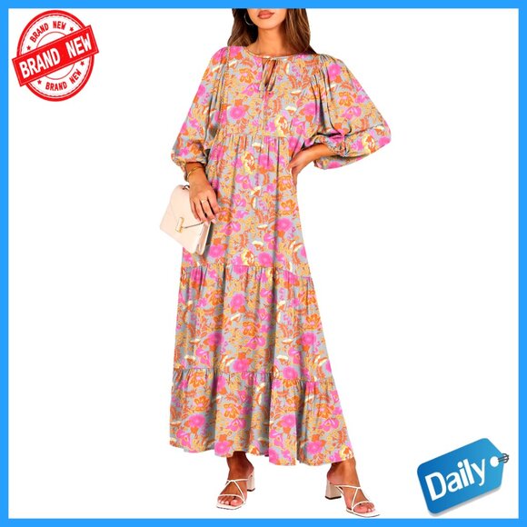 Dresses & Skirts - Boho Maxi Dress Flowy Swing V Neck Puff Sleeve Floral Print Casual Elegant